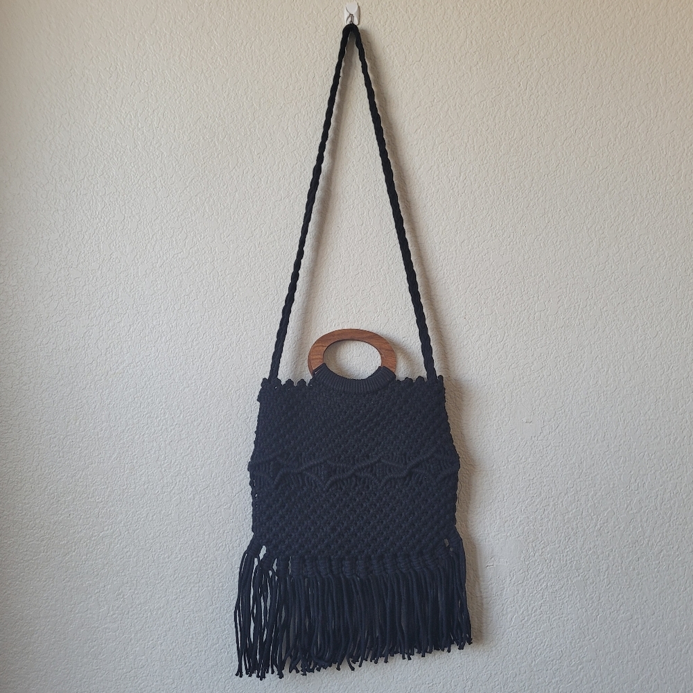 Danielle Nicole Black Macrame Fringe Boho Crossbo… - image 3